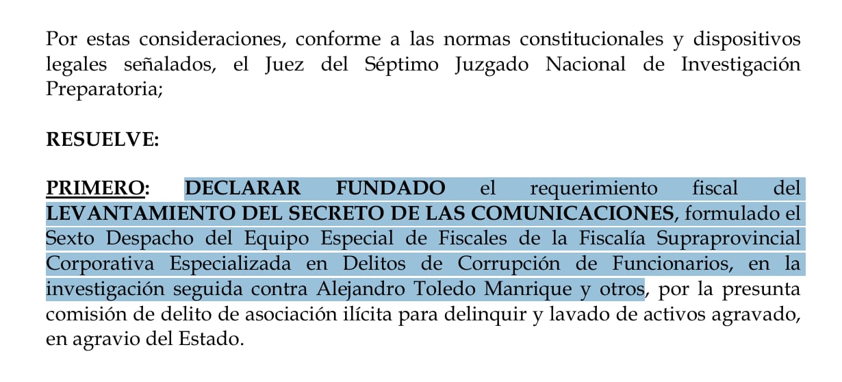 Autorizan levantamiento del secreto de las comunicaciones de Alejandro Toledo y Carlos Bruce