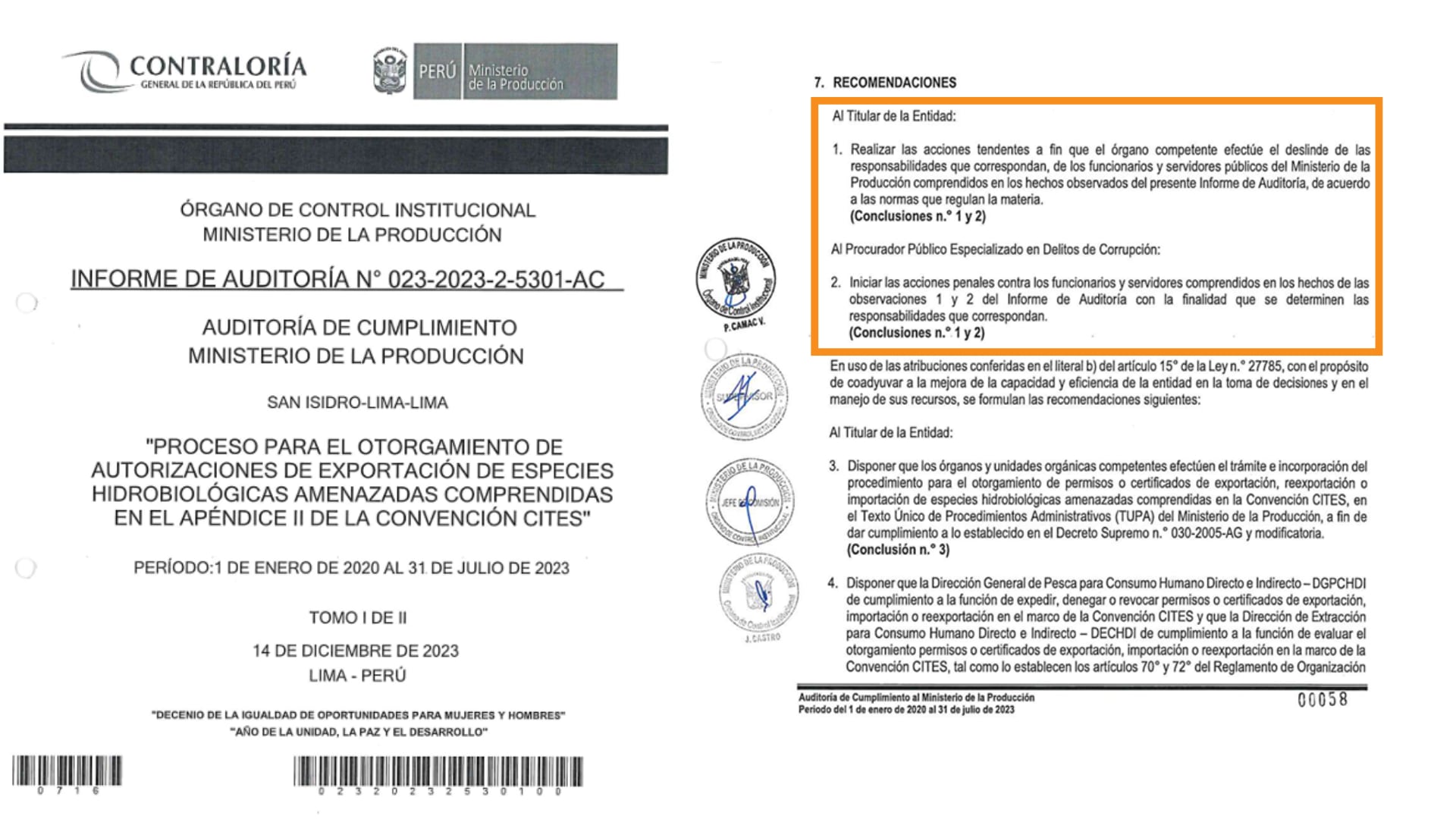 Informe de la Contraloría General de la República indica que entre enero de 2020 y julio de 2023, siete funcionarios del Ministerio de la Producción expidieron 35 permisos irregulares para la exportación de más de 24.000 kilos de aletas de tiburón. (Foto: Composición - Infobae/Renato Silva)