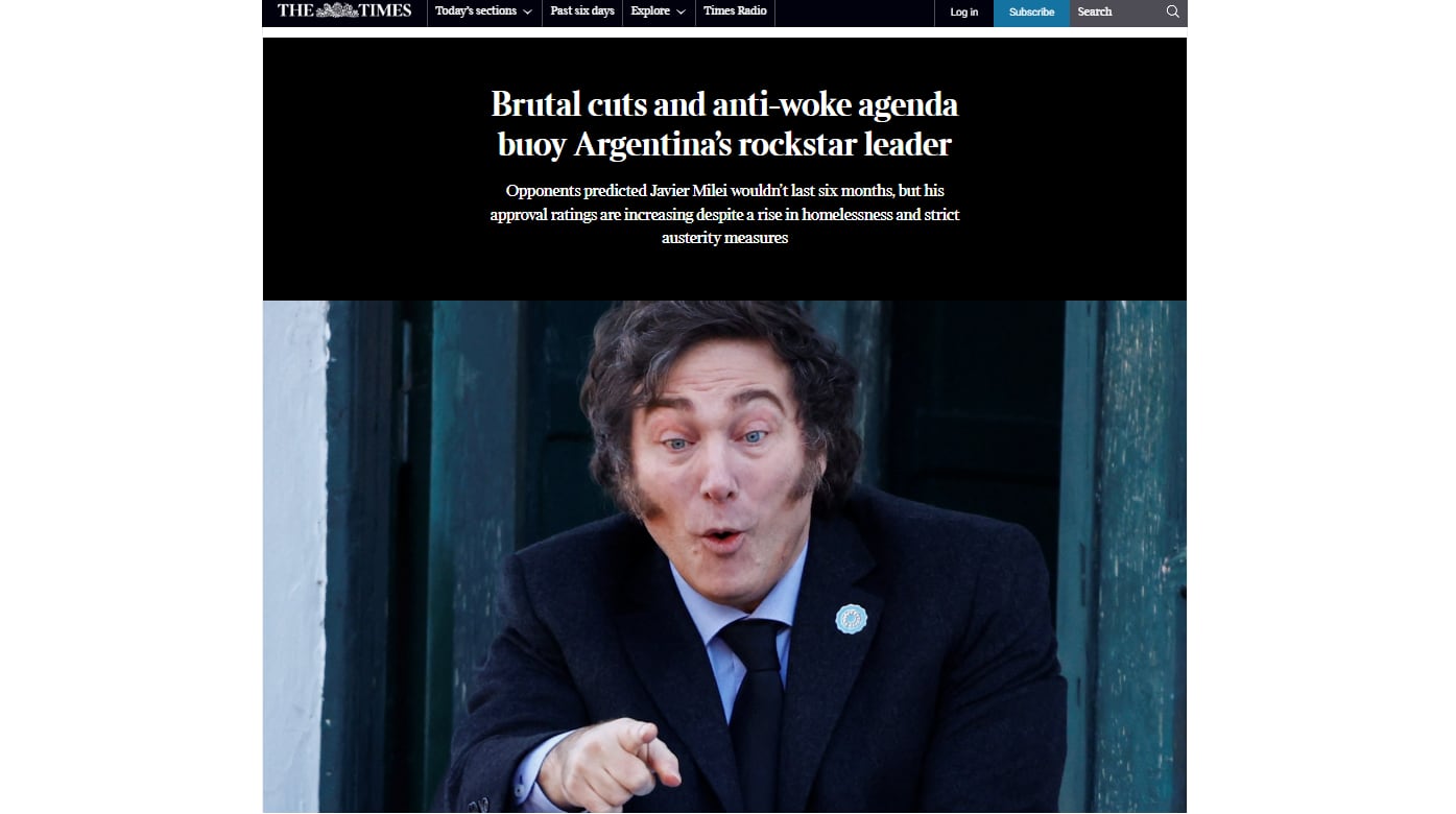 La publicación digital de The Times sobre los primeros meses de gestión de Javier Milei