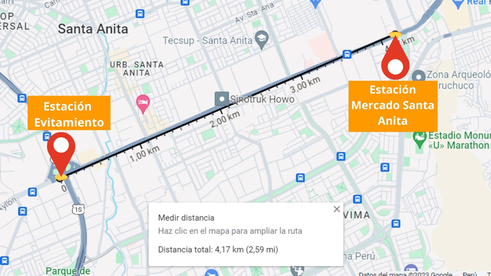 Solo se han habilitado un poco más de 4 kilómetros de la Linea 2, según métricas de Google Maps.