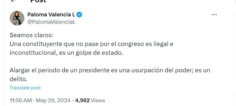 Paloma Valencia dijo que una constituyente que no pase por el Congreso es ilegal - crédito @PalomaValenciaL