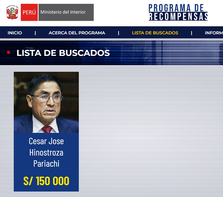 Hasta la fecha, Hinostroza continúa incluido en el programa de recompensas del Ministerio del Interior. Infobae Perú.