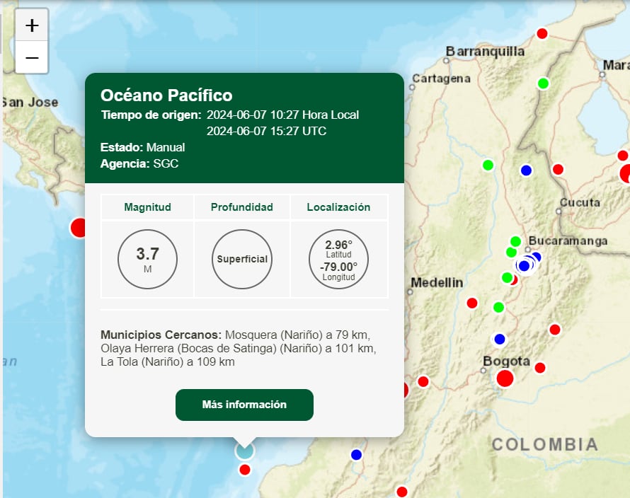 Sismo en el Océano Pacífico,. cerca al departamento de Nariño - crédito SGC / sitio web