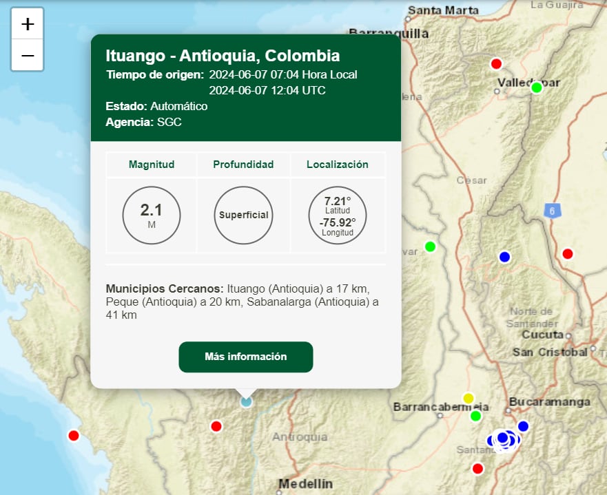 Este fue el último sismo reportado en la mañana del 7 de junio de 2024 - crédito SGC/Sitio web