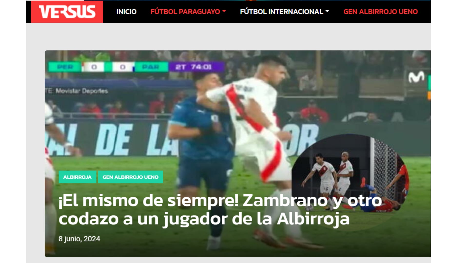 Portal paraguayo Versus criticó a Carlos Zambrano por codazo sobre Adam Bareiro