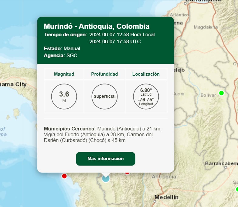 Sismo en Murindó, Antioquia - crédito SGC