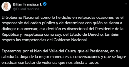 Gobernadora del Valle se refirió a las conversaciones entre Gobierno nacional y La Inmaculada - crédito @DilianFrancisca/X