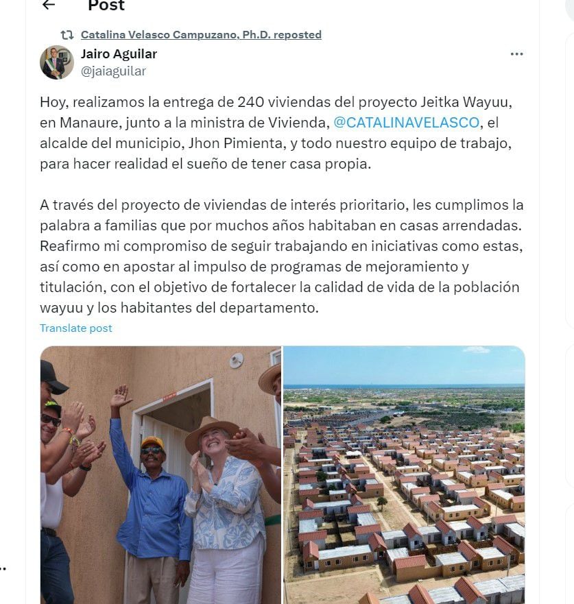 Jairo Aguilar, gobernador de La Guajira habla de la entrega de 240 viviendas en Manaure - crédito @jaiaguilar