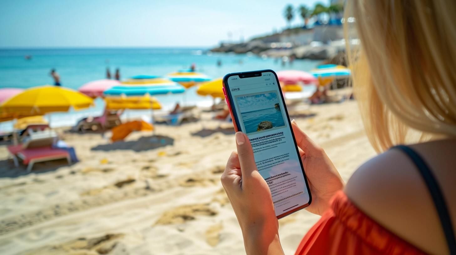 Joven en la playa leyendo su celular, combinando el descanso vacacional con la conexión al mundo a través de la información y actualidad en línea, mostrando cómo la tecnología nos permite estar informados en cualquier lugar. (Imagen ilustrativa Infobae)