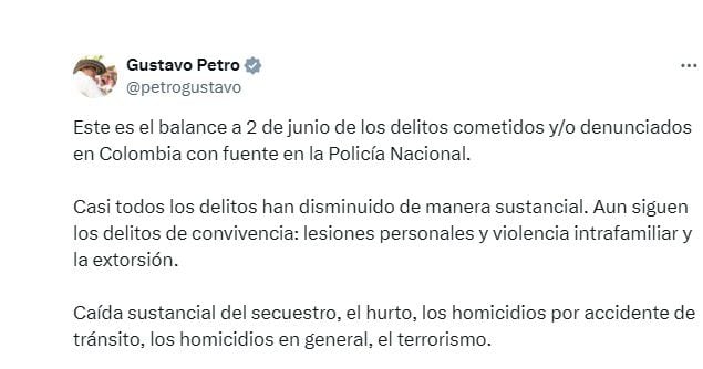 Trino del presidente Petro sobre el balance de la seguridad en Colombia, durante el primer semestre de 2024. (Crédito: @petrogustavo / X)