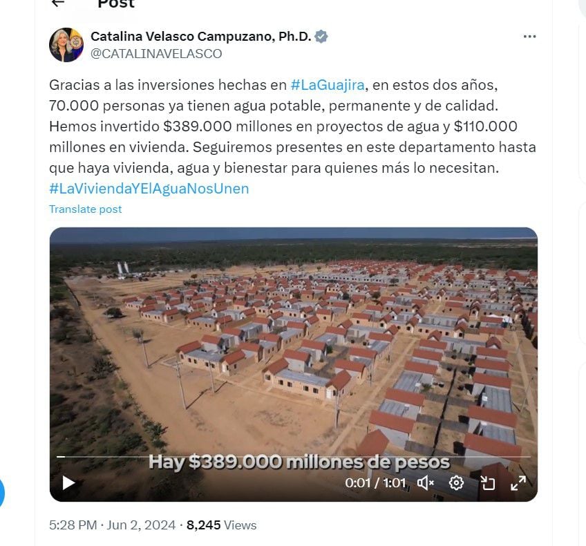 Catalina Velasco habla del presupuesto invertido por el Gobierno nacional en La Guajira - crédito @CATALINAVELASCO