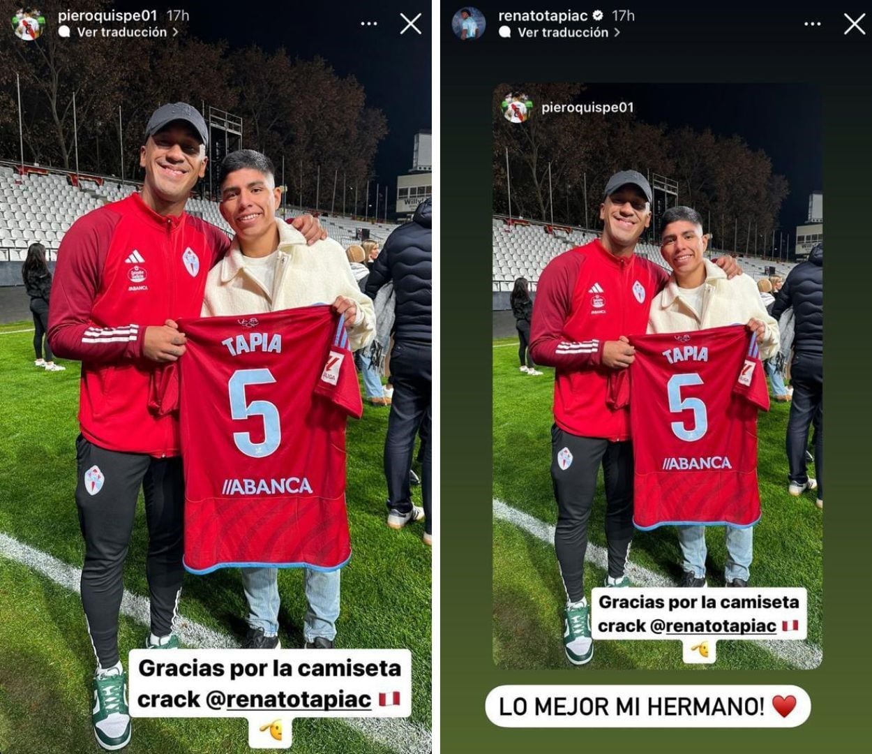 Publicaciones de Piero Quispe y Renato Tapia tras obsequio de camiseta del Celta de Vigo.