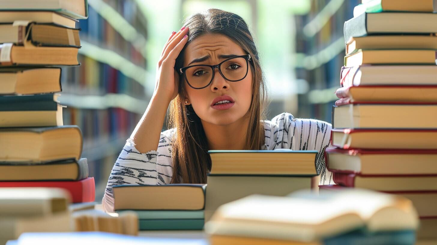 Estudiante femenina rodeada de altas pilas de libros, con una expresión de cansancio y estrés en su rostro. La fotografía ilustra el desafío y la presión de la educación, especialmente en períodos de exámenes, destacando el esfuerzo y la dedicación requeridos en el proceso de aprendizaje. (Imagen ilustrativa Infobae)