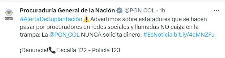 Con esta publicación la Procuraduría informó sobre los estafadores - crédito, captura de pantalla X