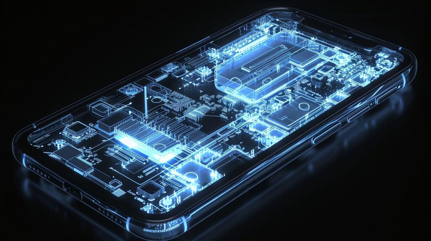 Imagen de la radiografía de un smartphone, destacando el microchip y la CPU, así como los complejos circuitos y componentes electrónicos. Esta vista interna simboliza la avanzada tecnología y computación implicadas en los dispositivos móviles actuales, desde la inteligencia artificial hasta la conectividad con internet. Representa la intersección de la informática, AI y robótica en el desarrollo de la tecnología móvil. (Imagen ilustrativa Infobae)