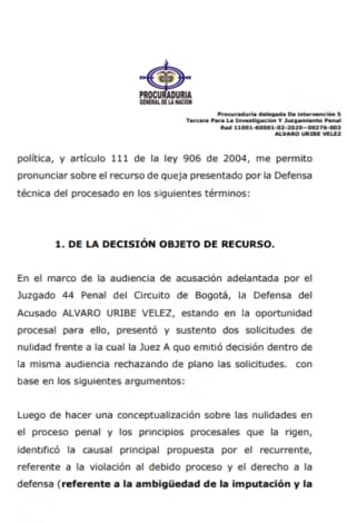 Concepto de la Procuraduría sobre el caso del expresidente Álvaro Uribe Vélez - crédito Procuraduría General de la Nación