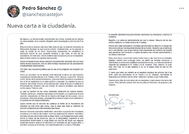 Nueva carta a la ciudadanía de Pedro Sánchez.