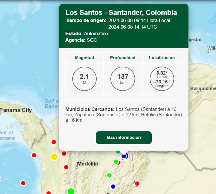 Sismo en Los Santos, Santander hoy - crédito SGC