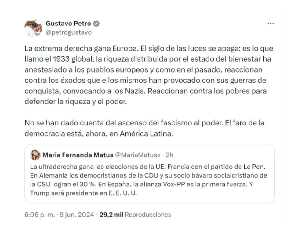 Gustavo Petro y su mensaje tras victoria de la derecha en el parlamento europeo