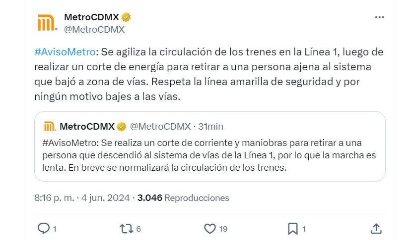 Línea 1 Metro CDMX - 4 junio