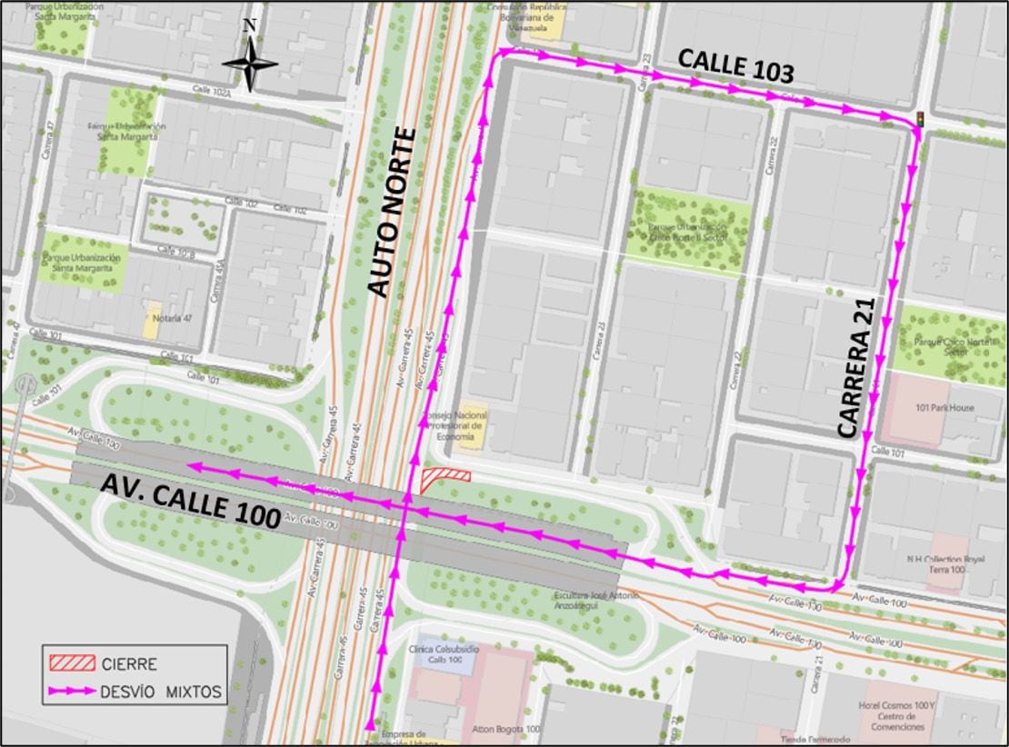 Por el cierre en la calle 100 con autopista Norte, la Secretaría de Movilidad dejó como alternativa ir hasta la calle 103 para hacer el retorno. (Crédito: Secretaría de Movilidad de Bogotá)