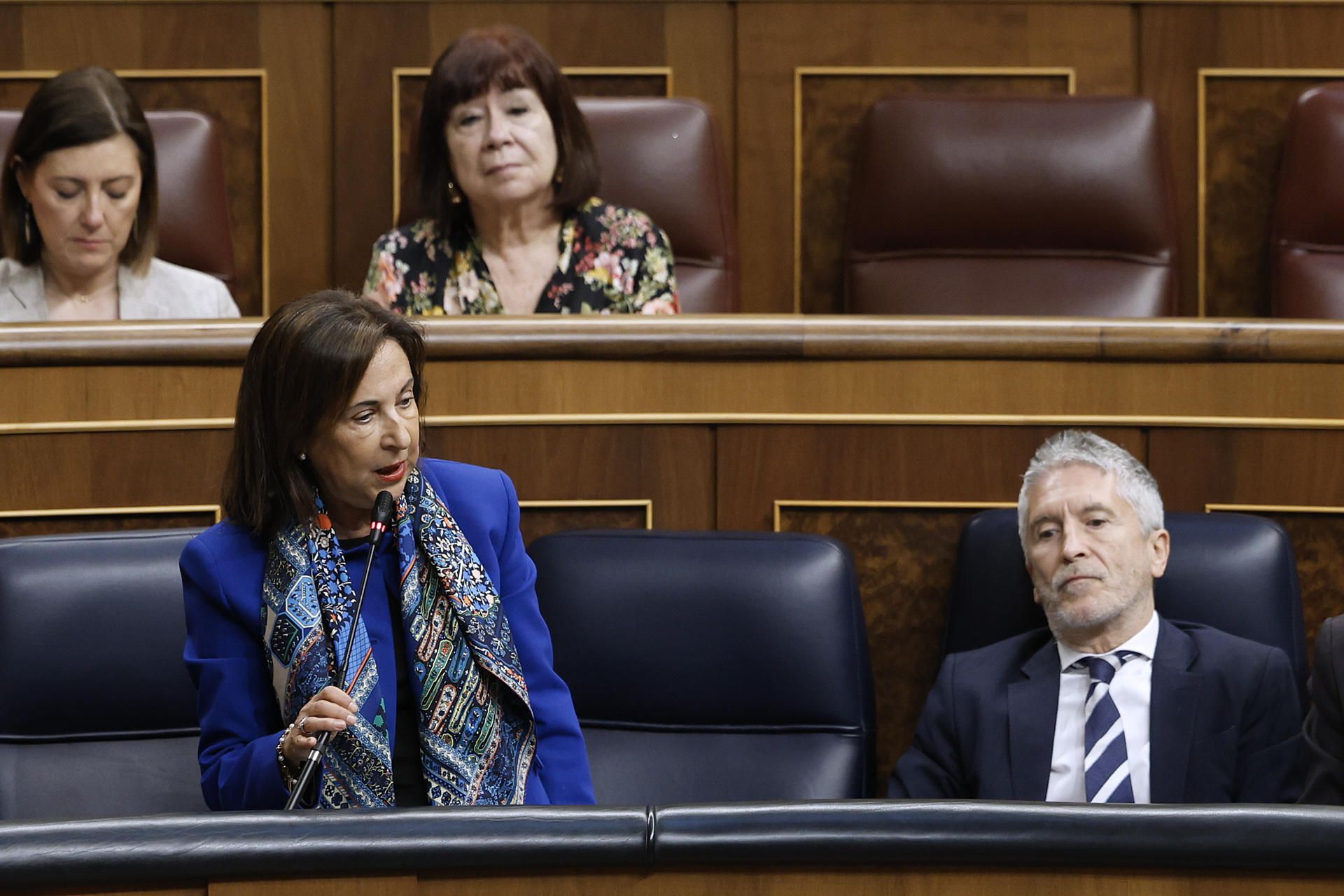 La ministra de Defensa, Margarita Robles, responde a la diputada Bel Pozueta este miércoles en el Congreso (EFE/Mariscal)