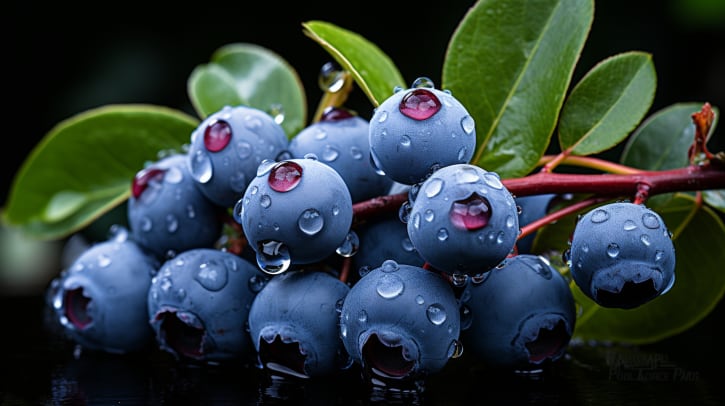 Un hermoso racimo de arándanos cubiertos de rocío en un jardín por la mañana. Los detalles y las texturas resaltan la frescura y el atractivo natural de los arándanos, mientras que los colores azules, verdes y morados aportan una sensación de calma. (Imagen ilustrativa Infobae)