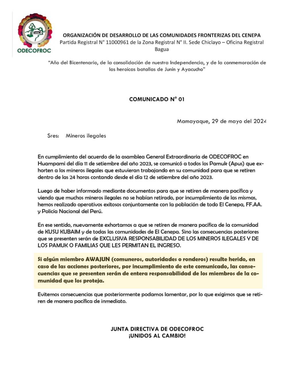 Awajún amenazados por la minería ilegal.