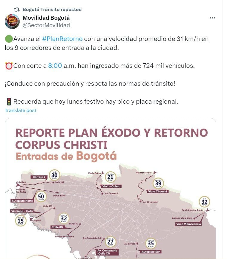 Movilidad Bogotá  informa de avances en el plan retorno - crédito @SectorMovilidad