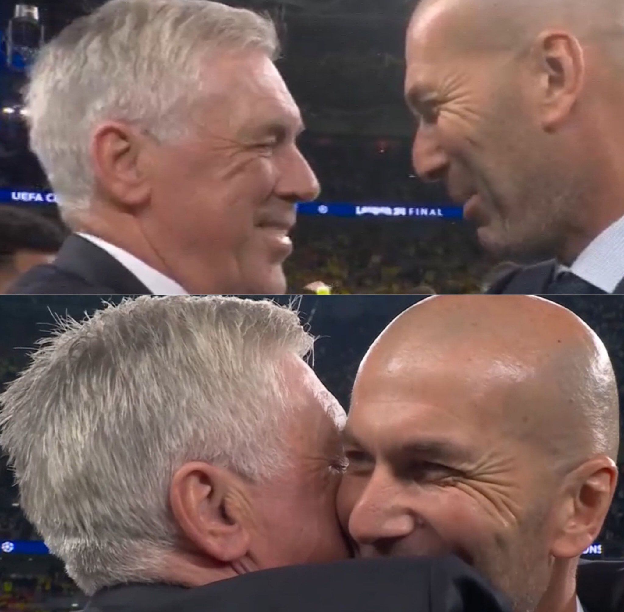 Carlo Ancelotti y Zinedine Zidane se abrazan después de la conquista de la 'Decimoquinta' Champions League en Wembley ante el Borussia Dortmund (Redes)