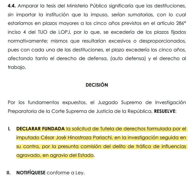 Declaran fundada tutela de derechos de César Hinostroza