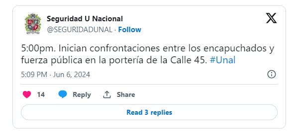 Así lo anunció desde su red social de X, la Universidad Nacional - crédito @SEGURIDADUNAL/x